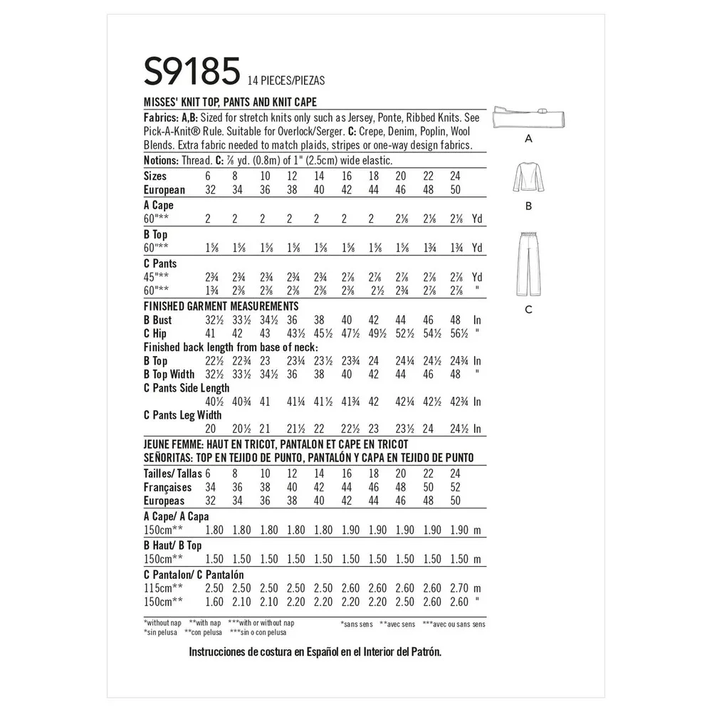 Simplicity Sewing Pattern 9185 10751 Misses Knit Top Pants Cape‎ Size 6-14